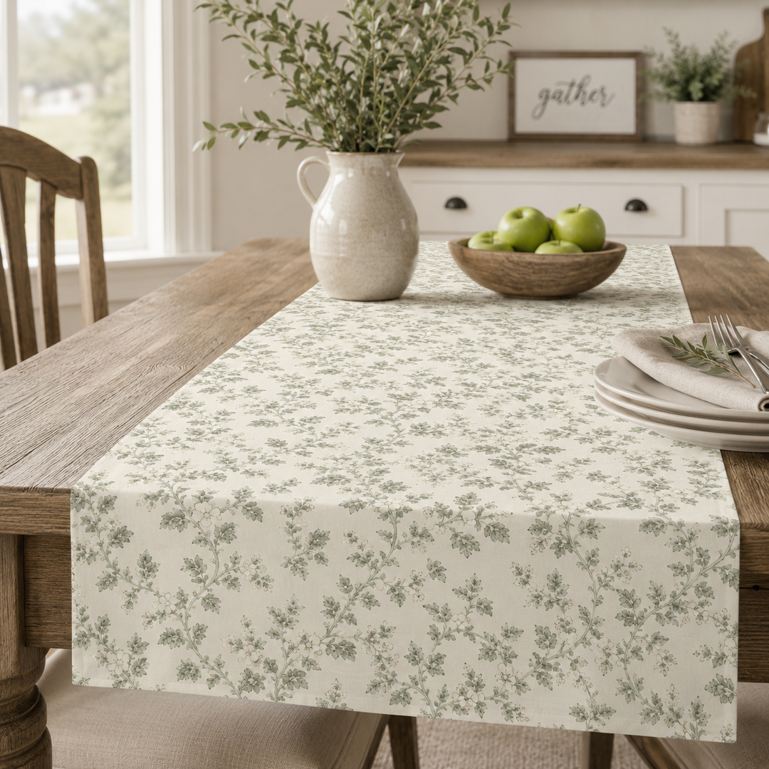 Buy farmhouse furniture Sage &amp; Cream Cotton-Poly Table Runner — Sage Green Floral Dining - Modern Cottage Farmhouse Furniture