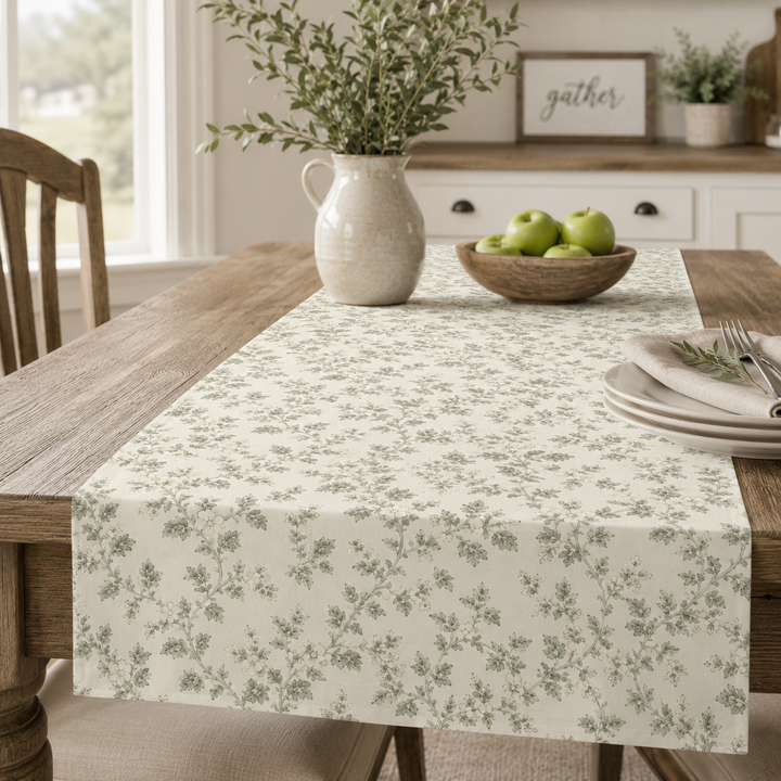 Buy farmhouse furniture Sage &amp; Cream Cotton-Poly Table Runner — Sage Green Floral Dining - Modern Cottage Farmhouse Furniture