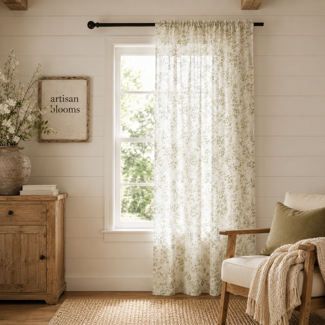 Sheer Sage &amp; Cream Curtain Panel — By. Artisan &amp; Blooms