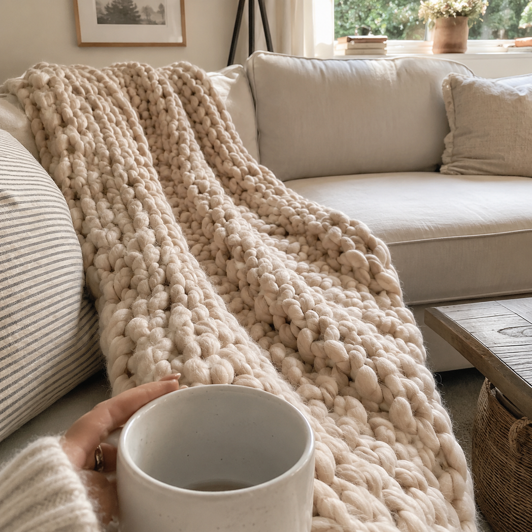Buy farmhouse furniture Willow Creek - Large Chunky Real Wool Mediterranean Farmhouse Blanket - Modern Cottage Farmhouse Furniture