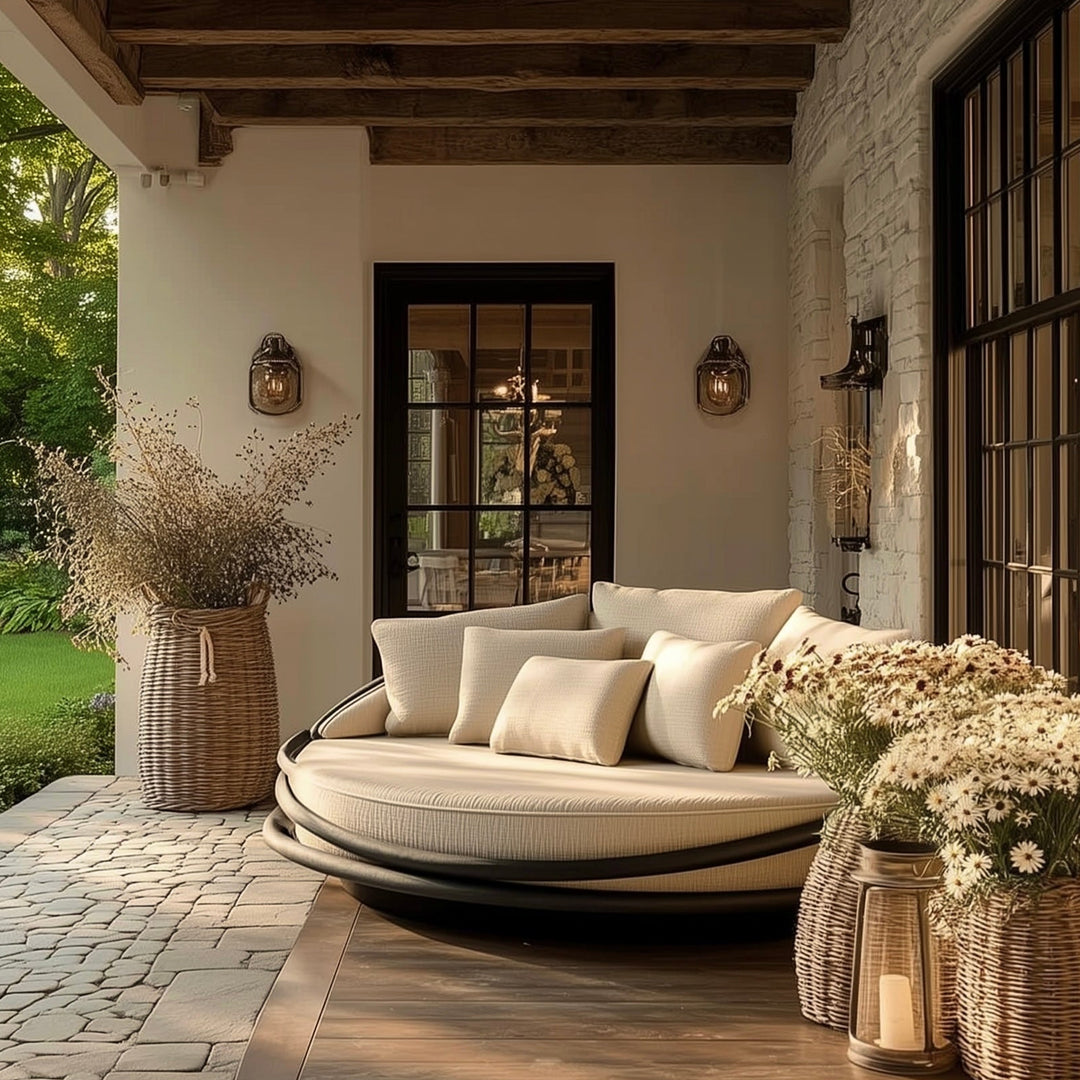 Buy farmhouse furniture Lily • Beige Modern Cottage Farmhouse Luxury Airbnb Round Outdoor Daybed - Modern Cottage Farmhouse Furniture