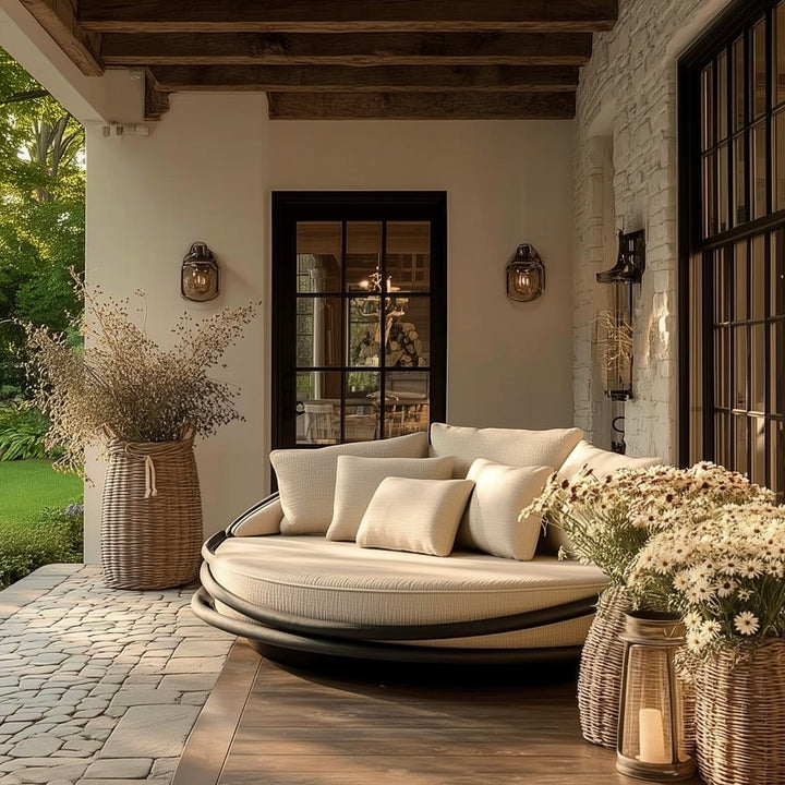 Buy farmhouse furniture Lily • Beige Modern Cottage Farmhouse Luxury Airbnb Round Outdoor Daybed - Modern Cottage Farmhouse Furniture