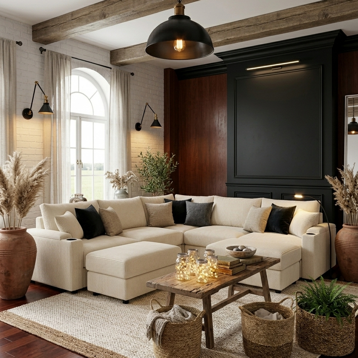 Buy farmhouse furniture The Savannah • Beige Modern Cottage Farmhouse U-Shaped Couch Sofa Chair - Modern Cottage Farmhouse Furniture