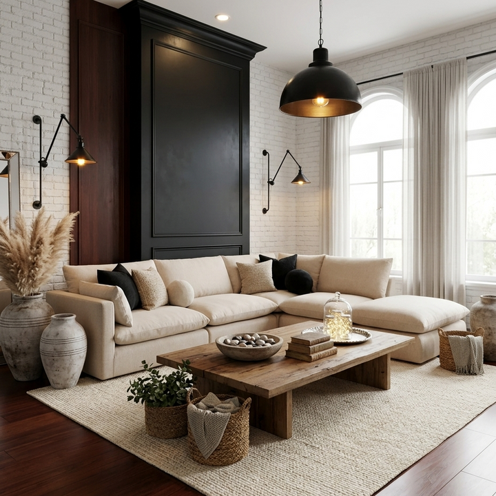 Buy farmhouse furniture Cream Linen Modern Farmhouse Sectional Sofa Couch | Charlie - Modern Cottage Farmhouse Furniture
