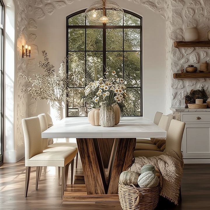 Buy farmhouse furniture Calypso | White 47-Inch Modern Luxury Mediterranean Farmhouse Dining Table - Modern Cottage Farmhouse Furniture