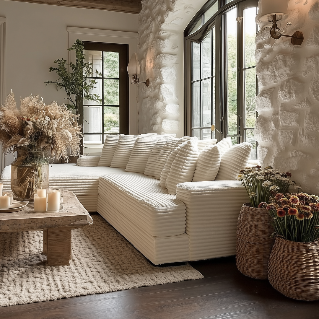 Buy farmhouse furniture Le Eupopia • Oversized Beige European Farmhouse Style Two-Piece L Shaped Sofa Couch - Modern Cottage Farmhouse Furniture