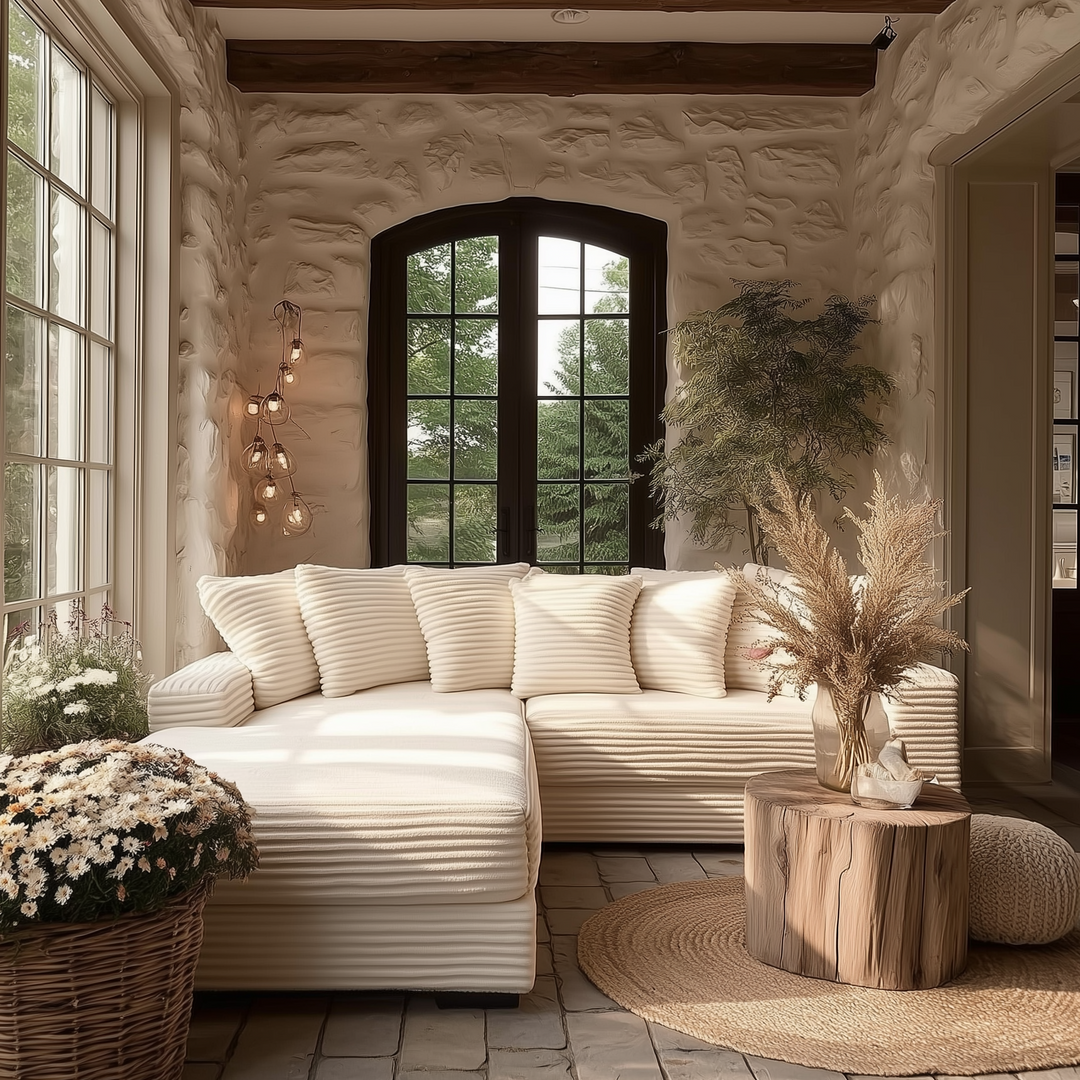 Buy farmhouse furniture Le Eupopia • Oversized Beige European Farmhouse Style Two-Piece L Shaped Sofa Couch - Modern Cottage Farmhouse Furniture