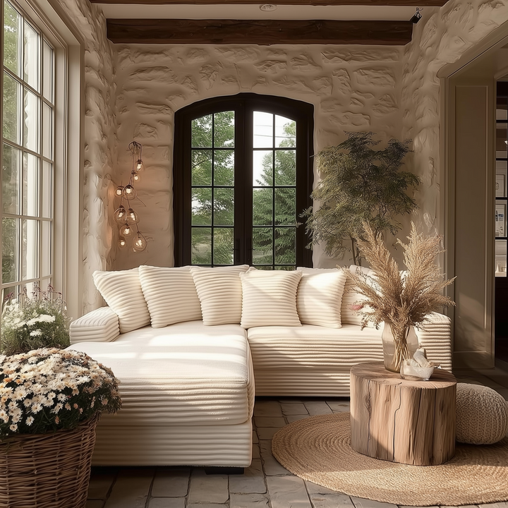 Buy farmhouse furniture Le Eupopia • Oversized Beige European Farmhouse Style Two-Piece L Shaped Sofa Couch - Modern Cottage Farmhouse Furniture