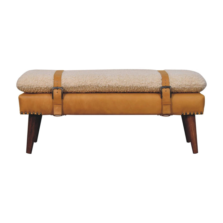 Buy farmhouse furniture Villa Toscana Light Brown Beige Leather Bouclé Bench - Modern Cottage Farmhouse Furniture