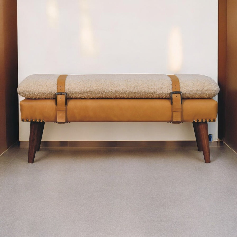 Buy farmhouse furniture Villa Toscana Light Brown Beige Leather Bouclé Bench - Modern Cottage Farmhouse Furniture