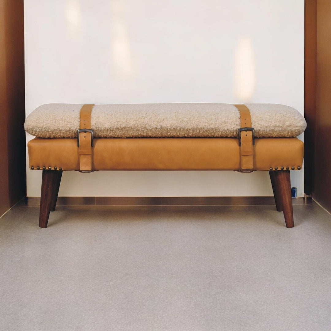 Buy farmhouse furniture Villa Toscana Light Brown Beige Leather Bouclé Bench - Modern Cottage Farmhouse Furniture