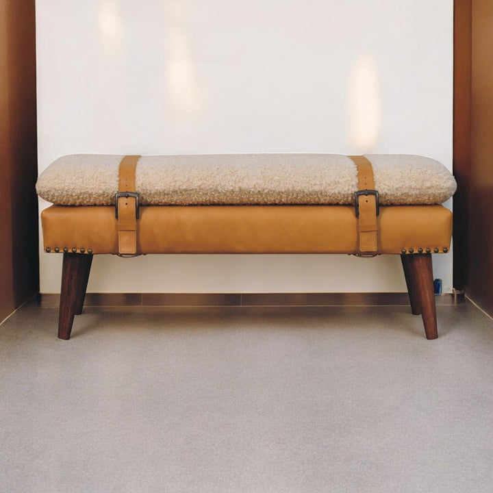 Buy farmhouse furniture Villa Toscana Light Brown Beige Leather Bouclé Bench - Modern Cottage Farmhouse Furniture
