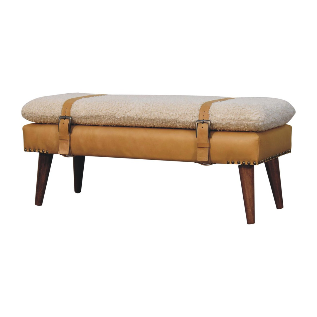 Buy farmhouse furniture Villa Toscana Light Brown Beige Leather Bouclé Bench - Modern Cottage Farmhouse Furniture