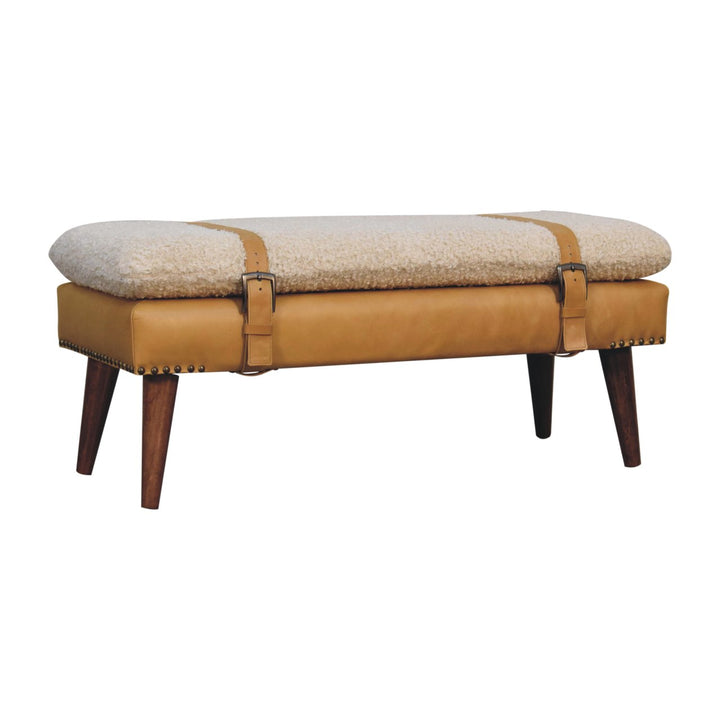 Buy farmhouse furniture Villa Toscana Light Brown Beige Leather Bouclé Bench - Modern Cottage Farmhouse Furniture