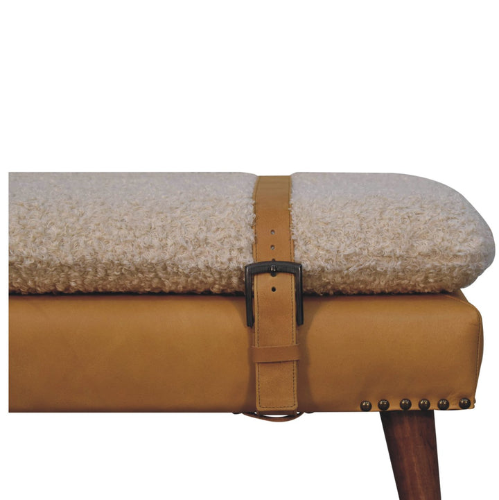 Buy farmhouse furniture Villa Toscana Light Brown Beige Leather Bouclé Bench - Modern Cottage Farmhouse Furniture