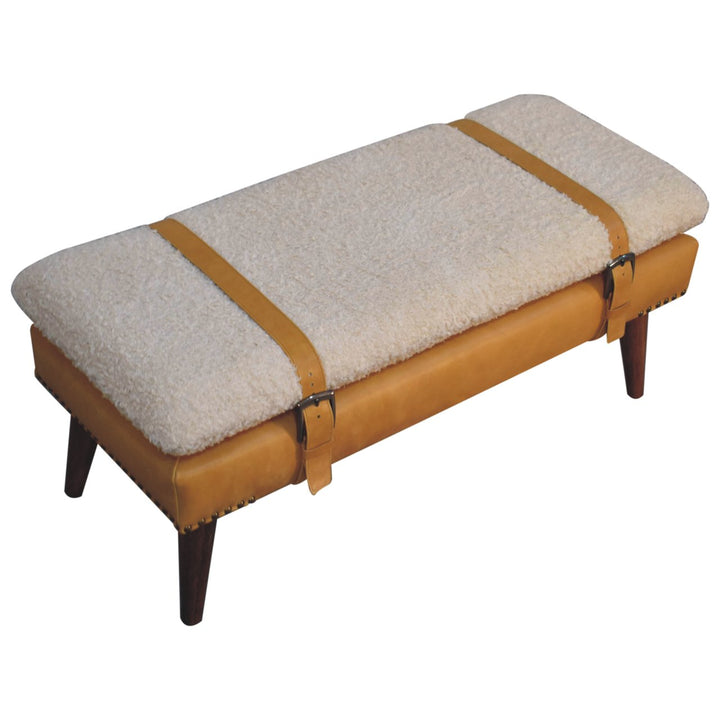 Buy farmhouse furniture Villa Toscana Light Brown Beige Leather Bouclé Bench - Modern Cottage Farmhouse Furniture