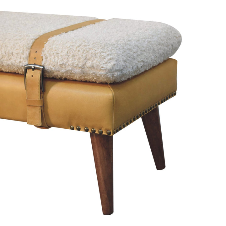 Buy farmhouse furniture Villa Toscana Light Brown Beige Leather Bouclé Bench - Modern Cottage Farmhouse Furniture