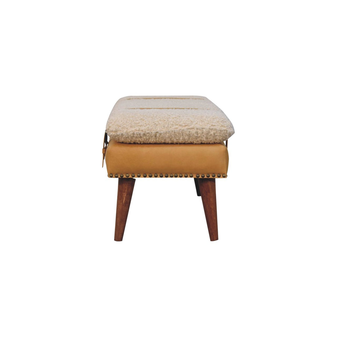 Buy farmhouse furniture Villa Toscana Light Brown Beige Leather Bouclé Bench - Modern Cottage Farmhouse Furniture