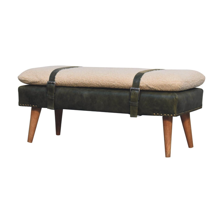 Buy farmhouse furniture Villa Toscana Olive Leather Bouclé Bench - Modern Cottage Farmhouse Furniture