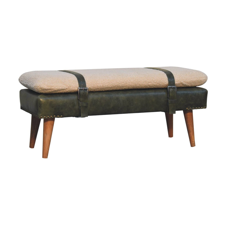 Buy farmhouse furniture Villa Toscana Olive Leather Bouclé Bench - Modern Cottage Farmhouse Furniture