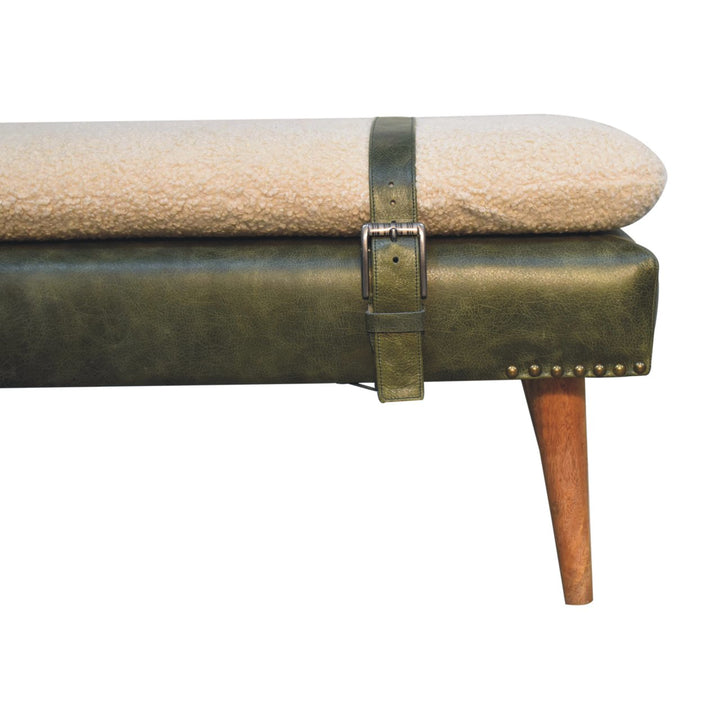 Buy farmhouse furniture Villa Toscana Olive Leather Bouclé Bench - Modern Cottage Farmhouse Furniture
