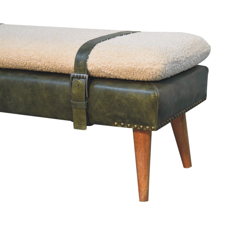 Buy farmhouse furniture Villa Toscana Olive Leather Bouclé Bench - Modern Cottage Farmhouse Furniture