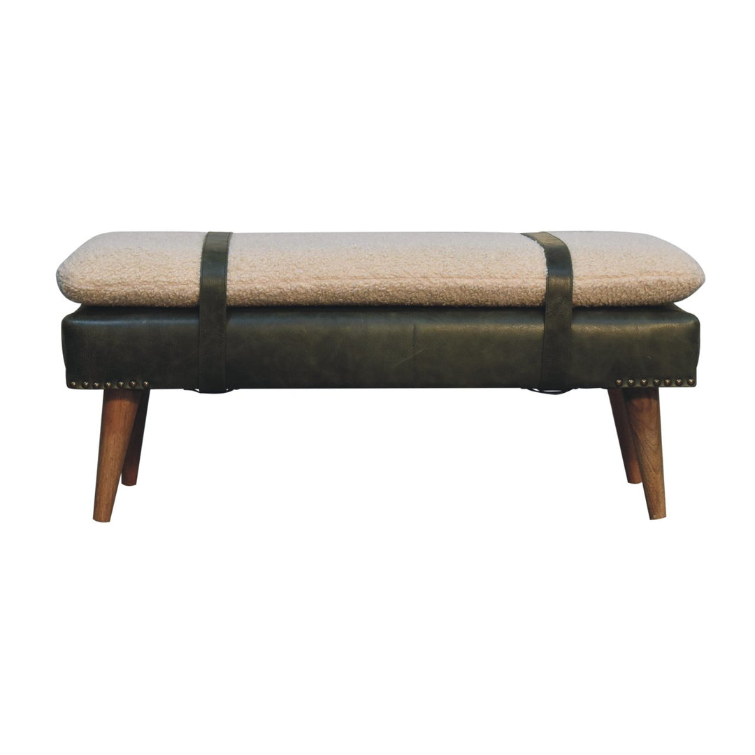 Buy farmhouse furniture Villa Toscana Olive Leather Bouclé Bench - Modern Cottage Farmhouse Furniture