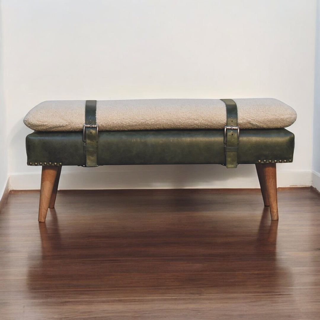 Buy farmhouse furniture Villa Toscana Olive Leather Bouclé Bench - Modern Cottage Farmhouse Furniture