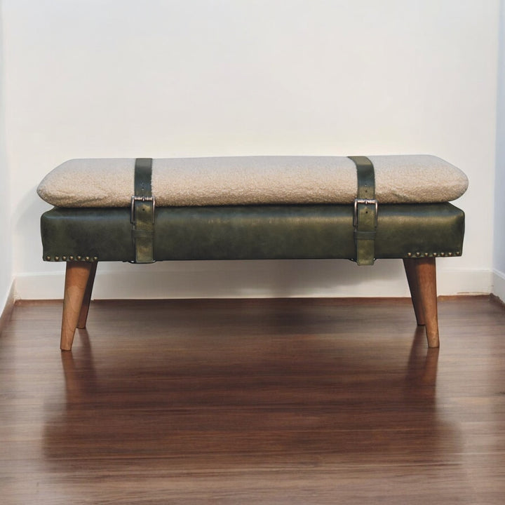 Buy farmhouse furniture Villa Toscana Olive Leather Bouclé Bench - Modern Cottage Farmhouse Furniture
