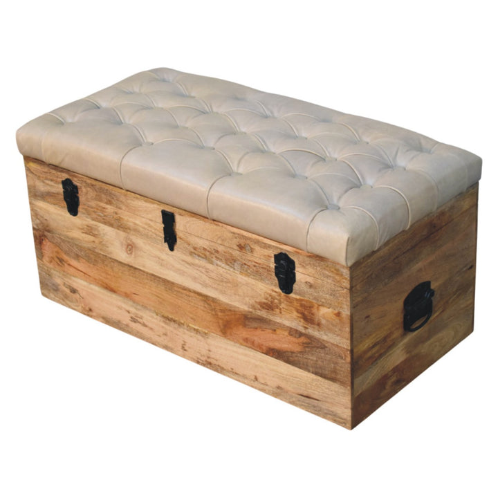 Buy farmhouse furniture Beige Buffalo hide leather Storage Trunk - Modern Cottage Farmhouse Furniture