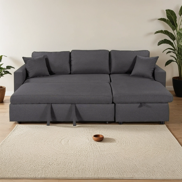 Buy farmhouse furniture Le Céleste | Upholstery Sleeper Sectional Sofa Grey with Storage Space, 2 Tossing Cushions - Modern Cottage Farmhouse Furniture