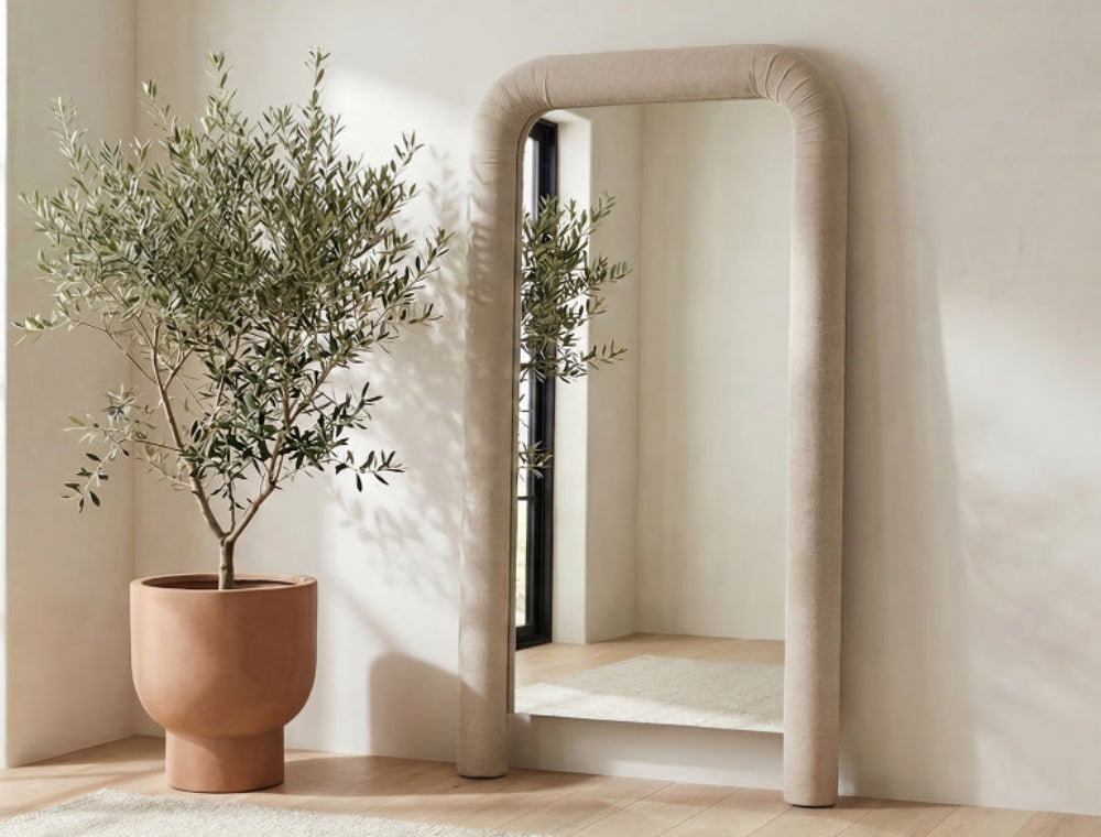 Buy farmhouse furniture Le Riu • Beige Large Modern Cottage Farmhouse Style Upholstered Floor Mirror - Modern Cottage Farmhouse Furniture