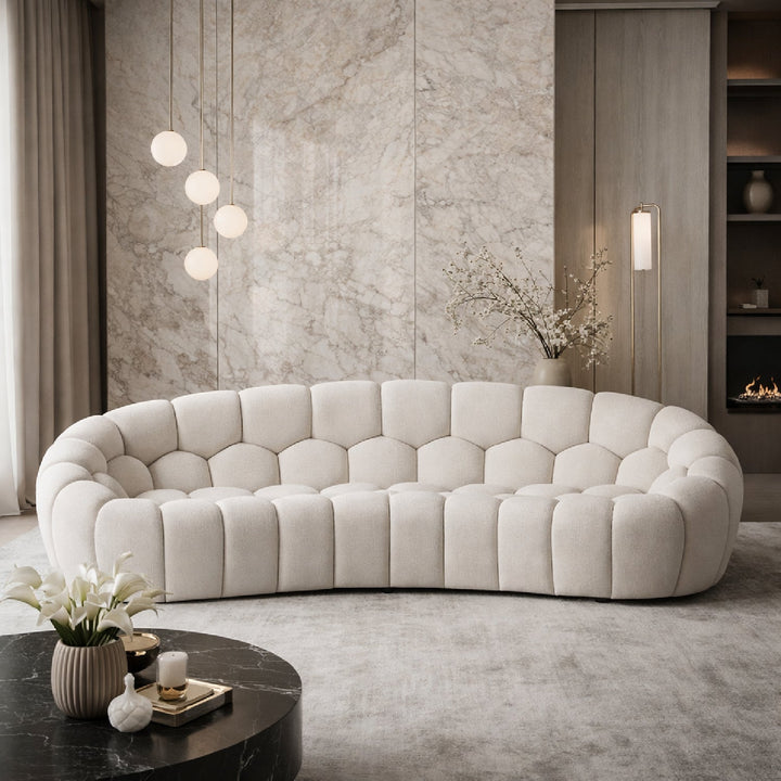 Buy farmhouse furniture Le Lia • White Modern Mediterranean Italian Hexagonal-Tufted Curved Sofa - Modern Cottage Farmhouse Furniture
