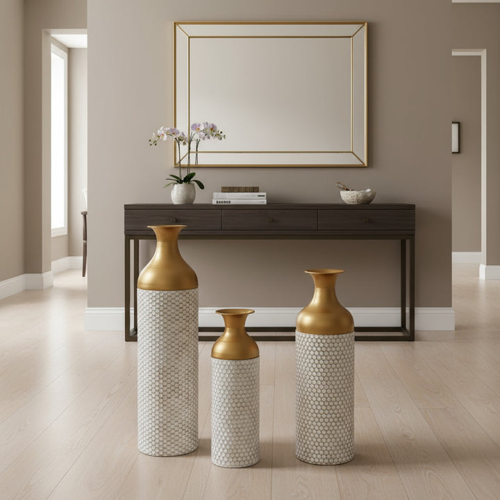 Buy farmhouse furniture Canne | Mediterranean White and Gold Honeycomb-Textured Wrought Iron Floor Vase - Modern Cottage Farmhouse Furniture
