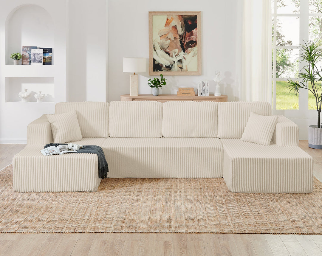 Buy farmhouse furniture La Ella Beige Low Profile Modular Mediterranean U Shape Sofa Sectional - Modern Cottage Farmhouse Furniture