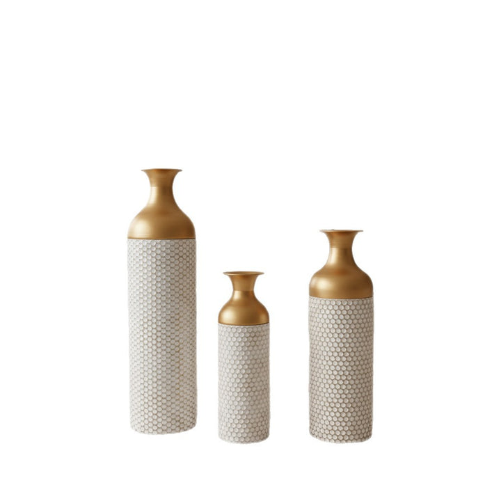 Buy farmhouse furniture Canne | Mediterranean White and Gold Honeycomb-Textured Wrought Iron Floor Vase - Modern Cottage Farmhouse Furniture
