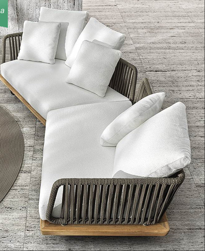 Buy farmhouse furniture Aegean Sea Teak &amp; Rattan Outdoor Sofa | Mediterranean Coastal Indoor Outdoor Lounge - Modern Cottage Farmhouse Furniture