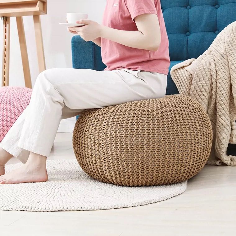 Buy farmhouse furniture Handwoven Artisan Modern Round Mediterranean Round Ottoman - Modern Cottage Farmhouse Furniture