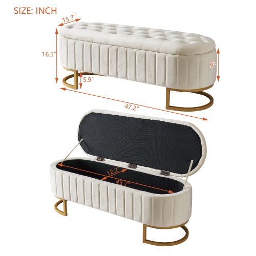 Buy farmhouse furniture The Marbella Mediterranean Farmhouse Button-Tufted Velvet Storage Ottoman Bench – Beige Upholstered Bench Seat with Metal Legs - Modern Cottage Farmhouse Furniture
