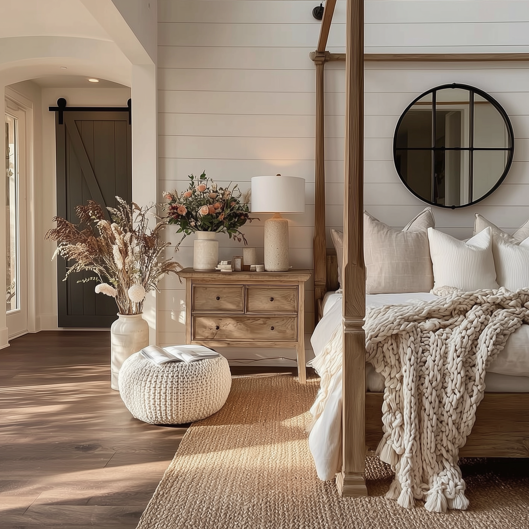 Buy farmhouse furniture Amber Farmhouse Queen Canopy Bed | Solid Wood with Upholstered Headboard &amp; Gold Accents - Modern Cottage Farmhouse Furniture
