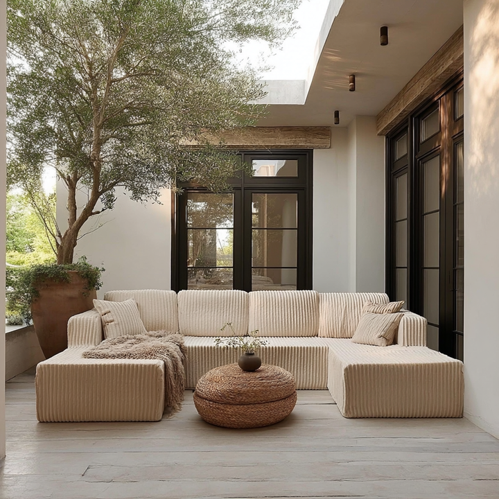 Buy farmhouse furniture La Ella Beige Low Profile Modular Mediterranean U Shape Sofa Sectional - Modern Cottage Farmhouse Furniture