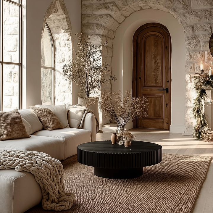 Buy farmhouse furniture Bellissimo Mediterranean Farmhouse Round Wood Coffee - Modern Cottage Farmhouse Furniture