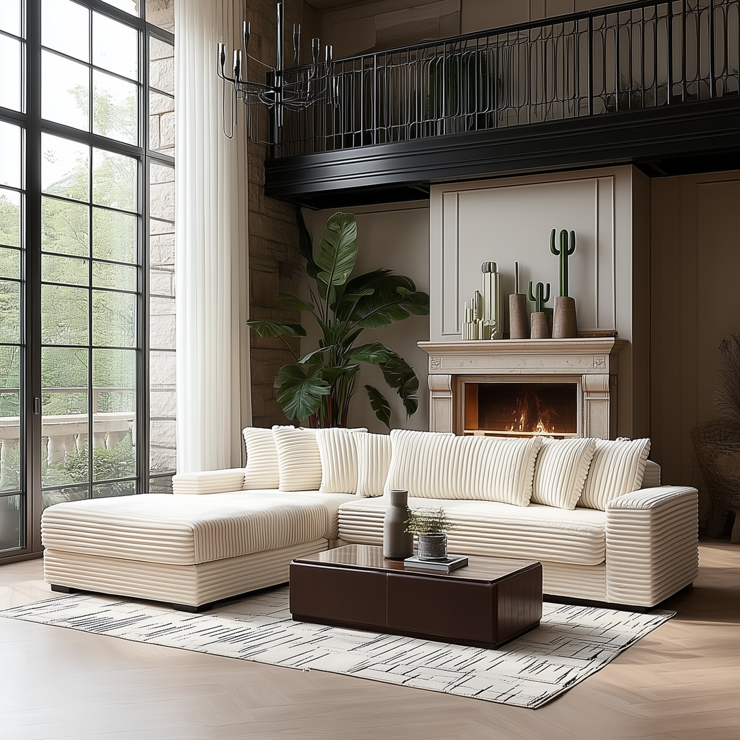 Buy farmhouse furniture Le Eupopia • Oversized Beige European Farmhouse Style Two-Piece L Shaped Sofa Couch - Modern Cottage Farmhouse Furniture