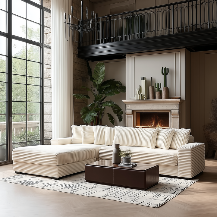 Buy farmhouse furniture Le Eupopia • Oversized Beige European Farmhouse Style Two-Piece L Shaped Sofa Couch - Modern Cottage Farmhouse Furniture