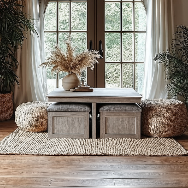 Buy farmhouse furniture Moseberg Distressed Mediterranean Farmhouse Gray Coffee Table with Storage Stools - Modern Cottage Farmhouse Furniture