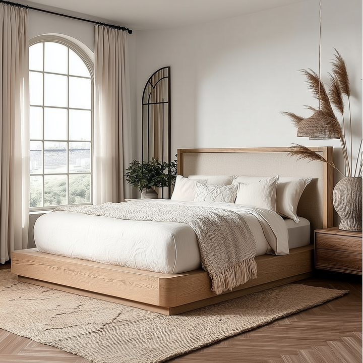 Buy farmhouse furniture Kailani 49-inch Beige Oak Mediterranean Farmhouse King Wingback Bed Frame - Modern Cottage Farmhouse Furniture