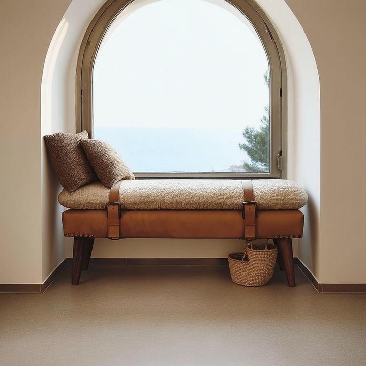 Buy farmhouse furniture Villa Toscana Light Brown Beige Leather Bouclé Bench - Modern Cottage Farmhouse Furniture