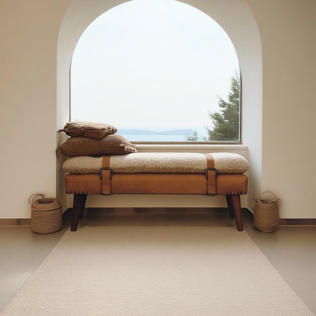 Buy farmhouse furniture Villa Toscana Light Brown Beige Leather Bouclé Bench - Modern Cottage Farmhouse Furniture