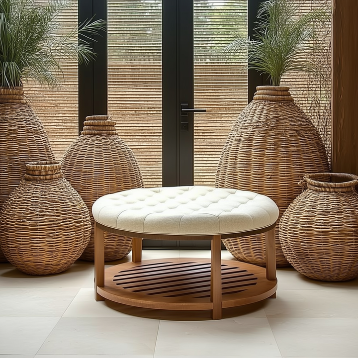 Buy farmhouse furniture Aurelia | Large Round Mediterranean Luxury Pine Wood Coffee Table Ottoman - Modern Cottage Farmhouse Furniture