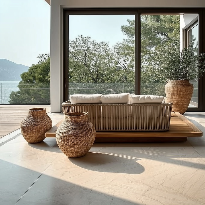 Buy farmhouse furniture Aegean Sea Teak &amp; Rattan Outdoor Sofa | Mediterranean Coastal Indoor Outdoor Lounge - Modern Cottage Farmhouse Furniture